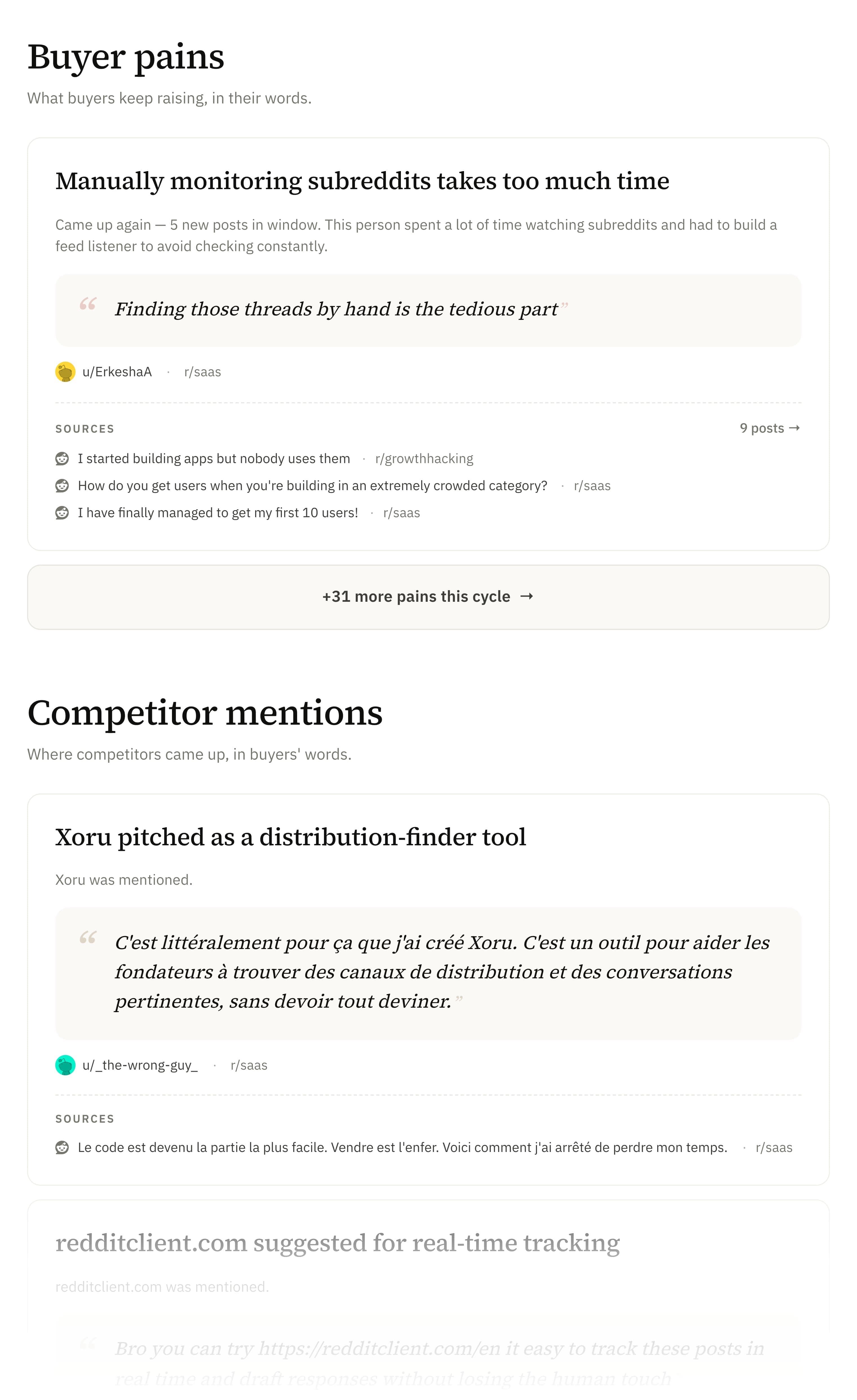 A dist0 market brief pulled from Reddit — buyer pains with the post excerpt and why each matters, and competitor mentions.