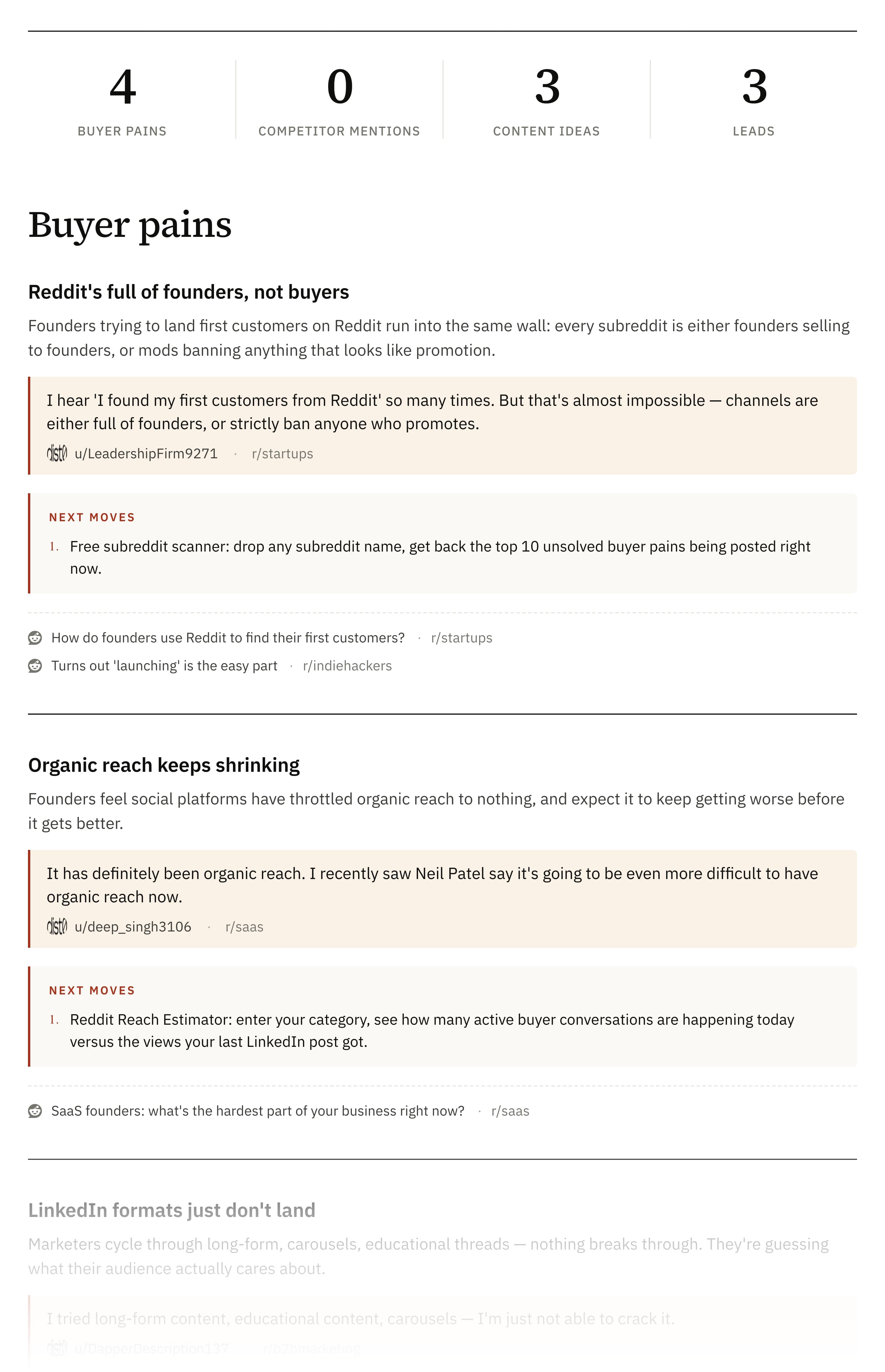 A dist0 market brief listing buyer pains pulled from Reddit, with the post excerpt, why it matters, and the next moves the team can take.
